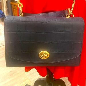 Coach crocodile-embossed and smooth leather midnight blue crossbody/satchel.